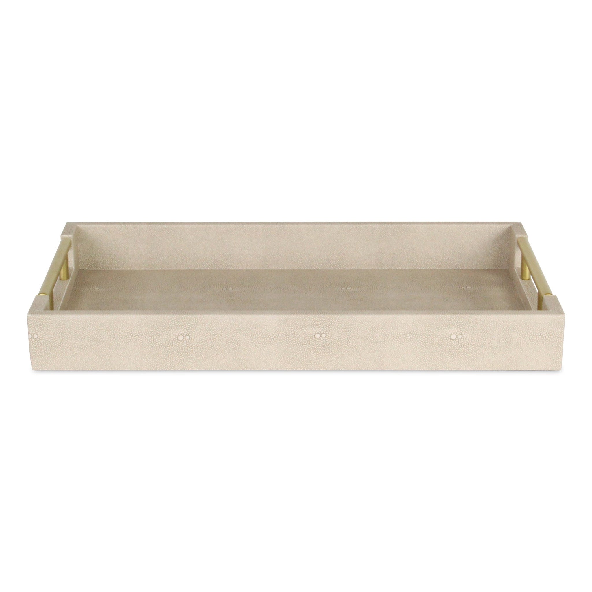 16" Cream Wood and Vinyl Faux Shagreen Serving Tray With Gold Handles-0