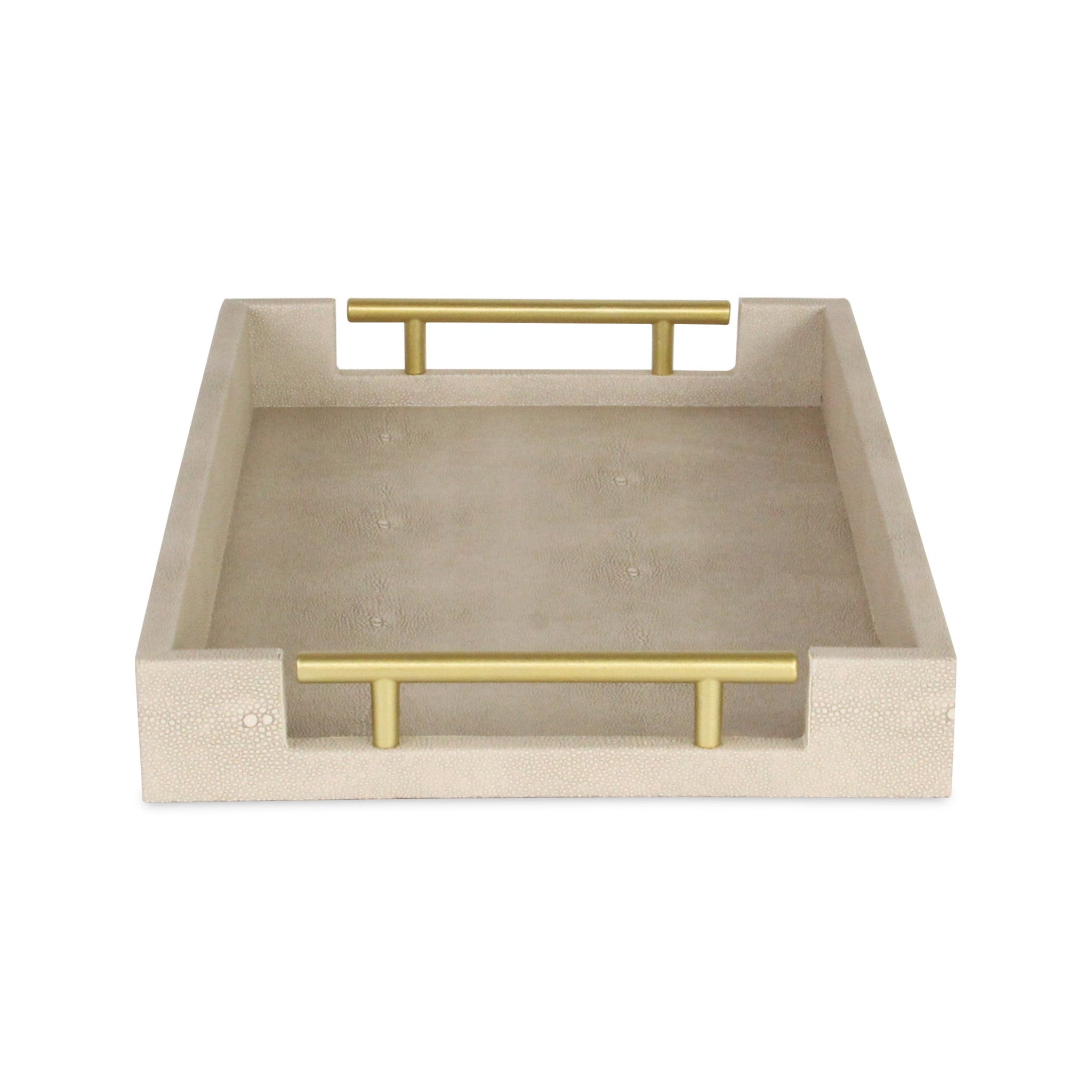 16" Cream Wood and Vinyl Faux Shagreen Serving Tray With Gold Handles-3