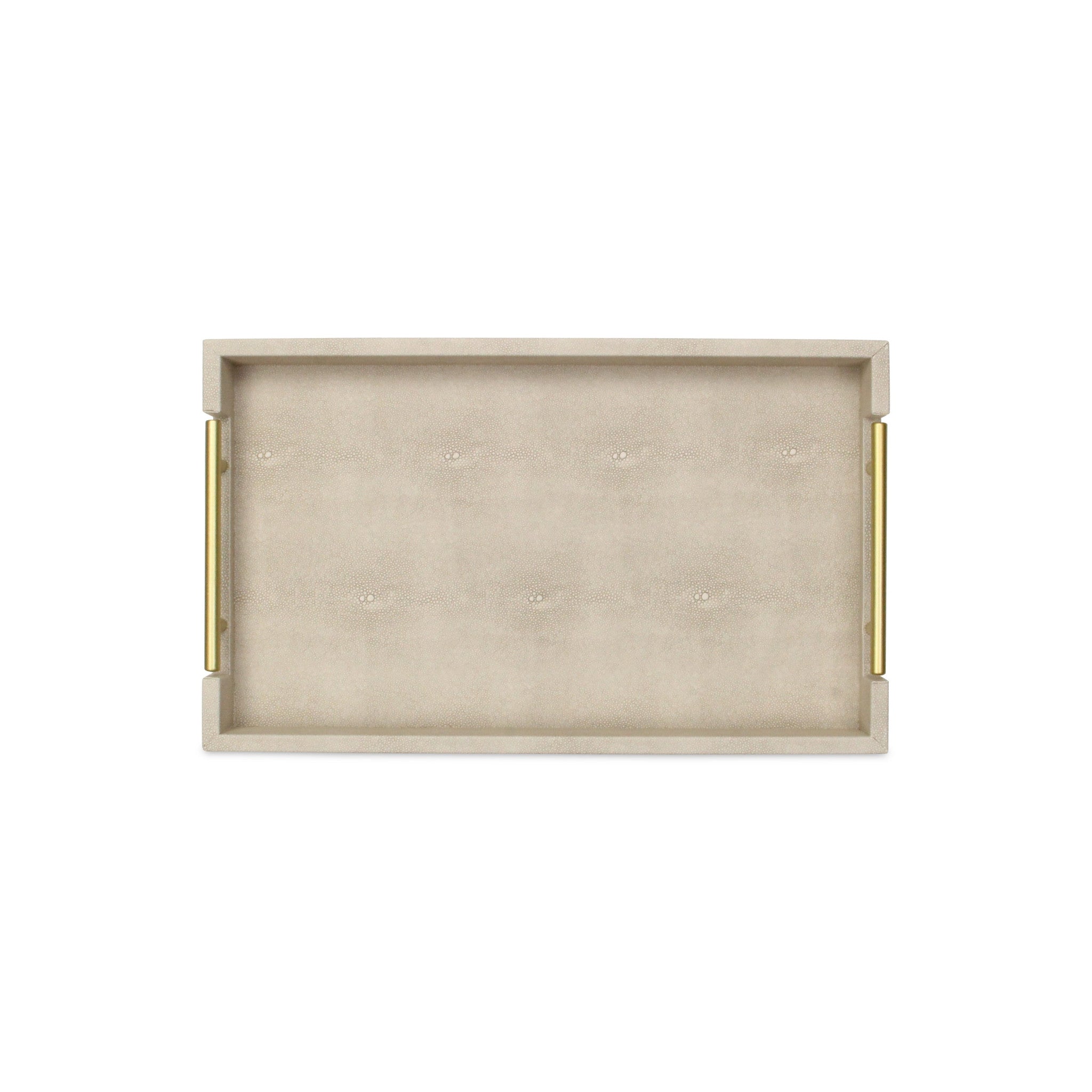 16" Cream Wood and Vinyl Faux Shagreen Serving Tray With Gold Handles-5