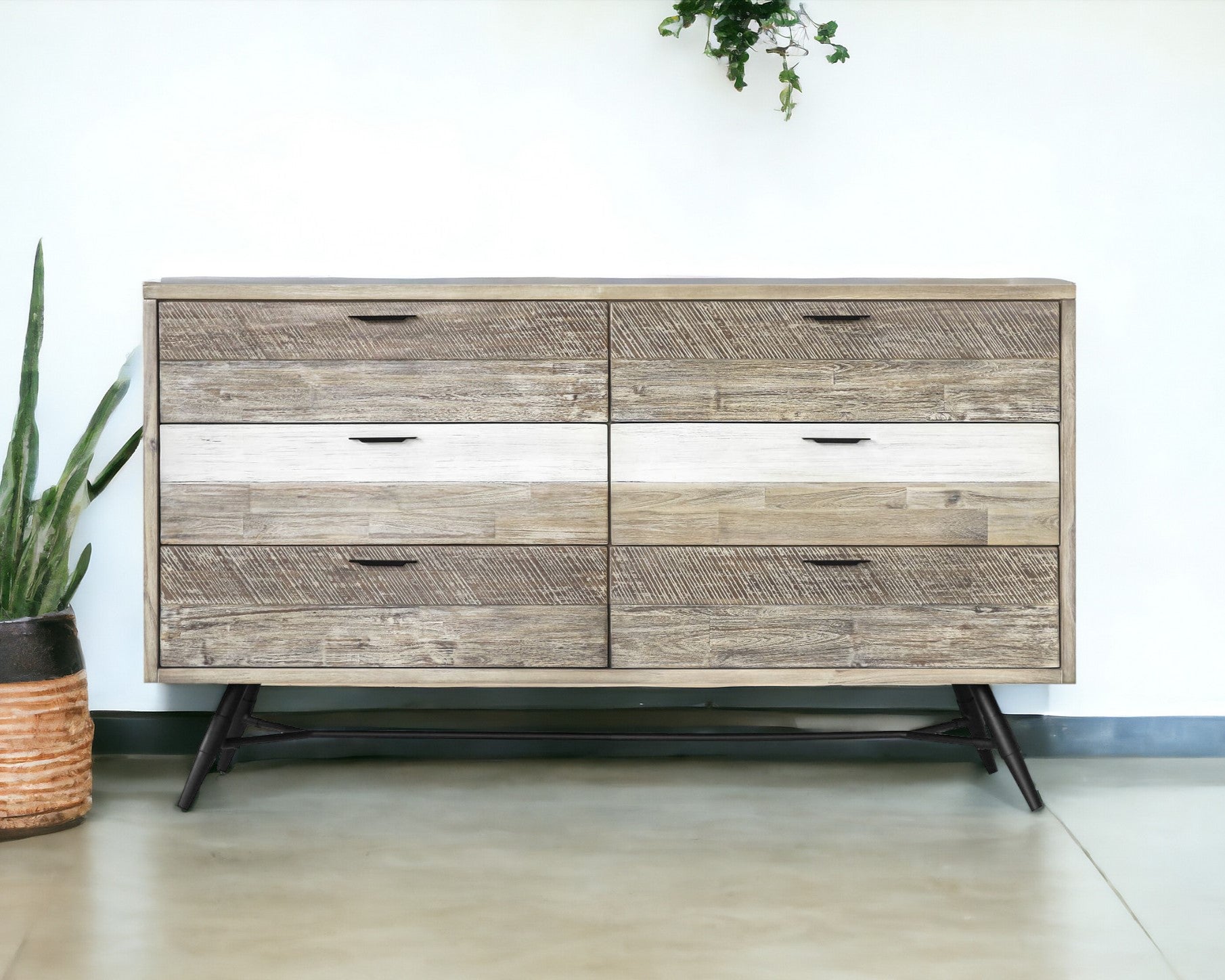 63" Natural and Ivory Solid Wood Six Drawer Double Dresser-Dressers-DECOROLALA