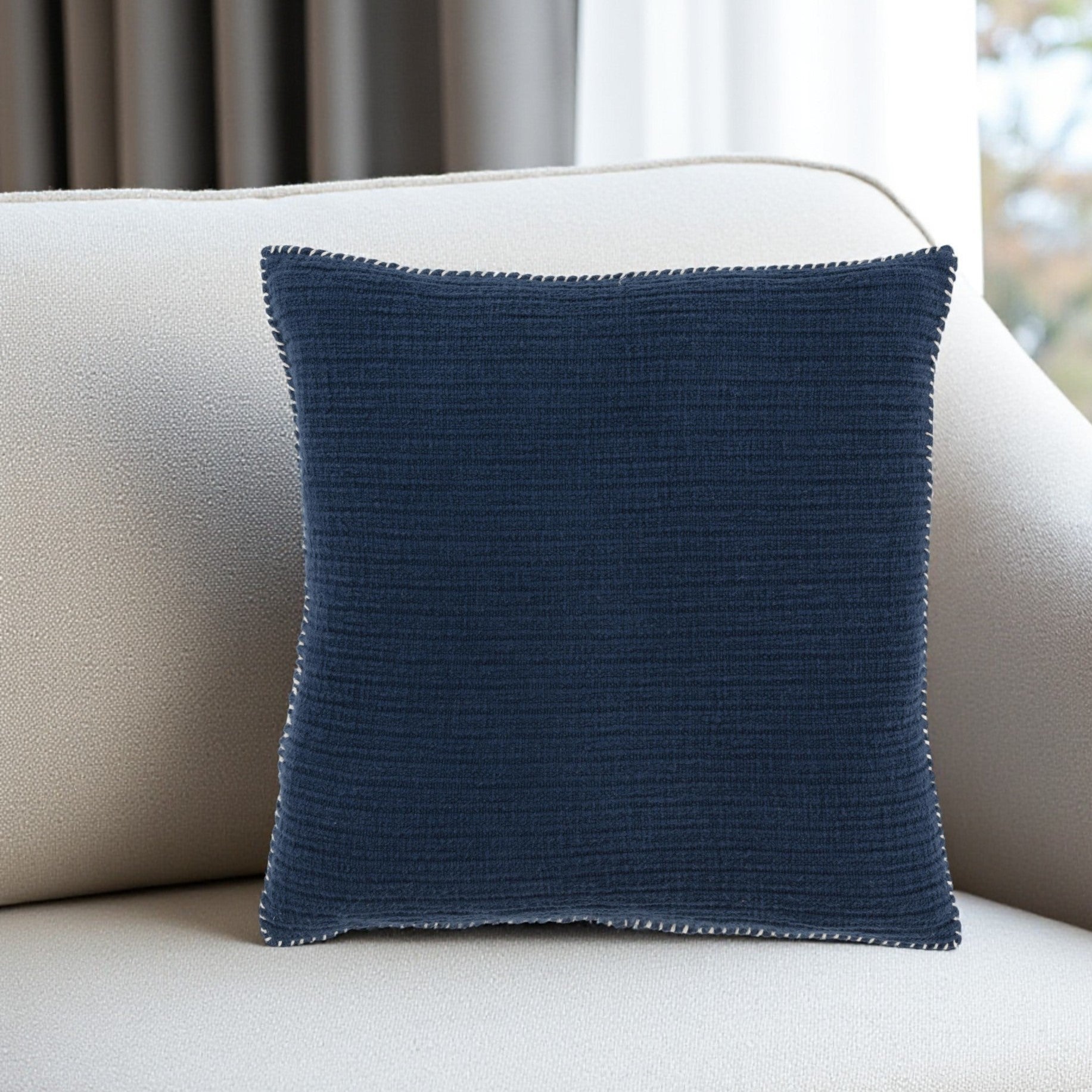 22" Navy Blue Striped Cotton Throw Pillow-Accent Throw Pillows-DECOROLALA