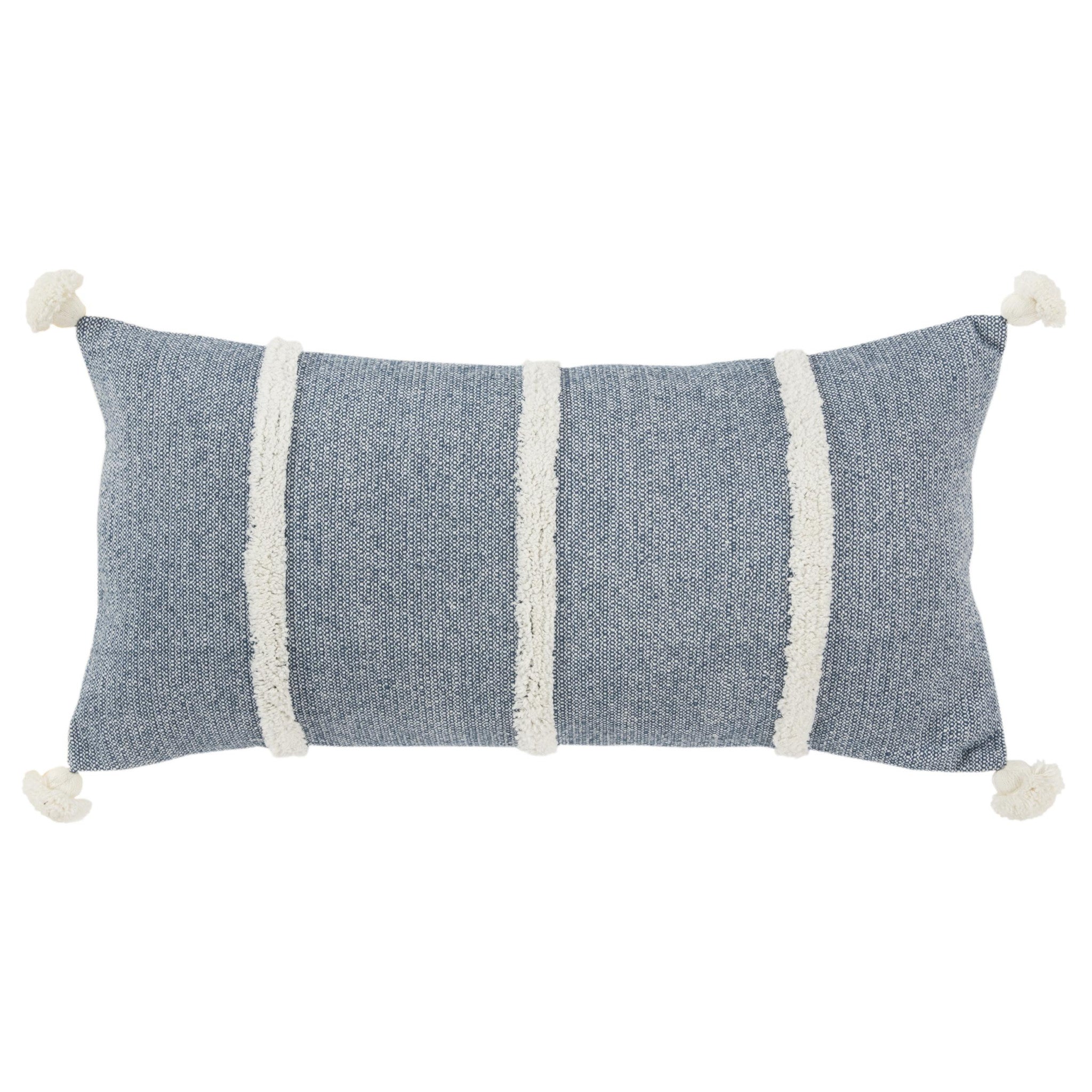 14" X 14" Blue and White Cotton Pillow With Tassels Edges-1