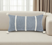 14" X 14" Blue and White Cotton Pillow With Tassels Edges-0