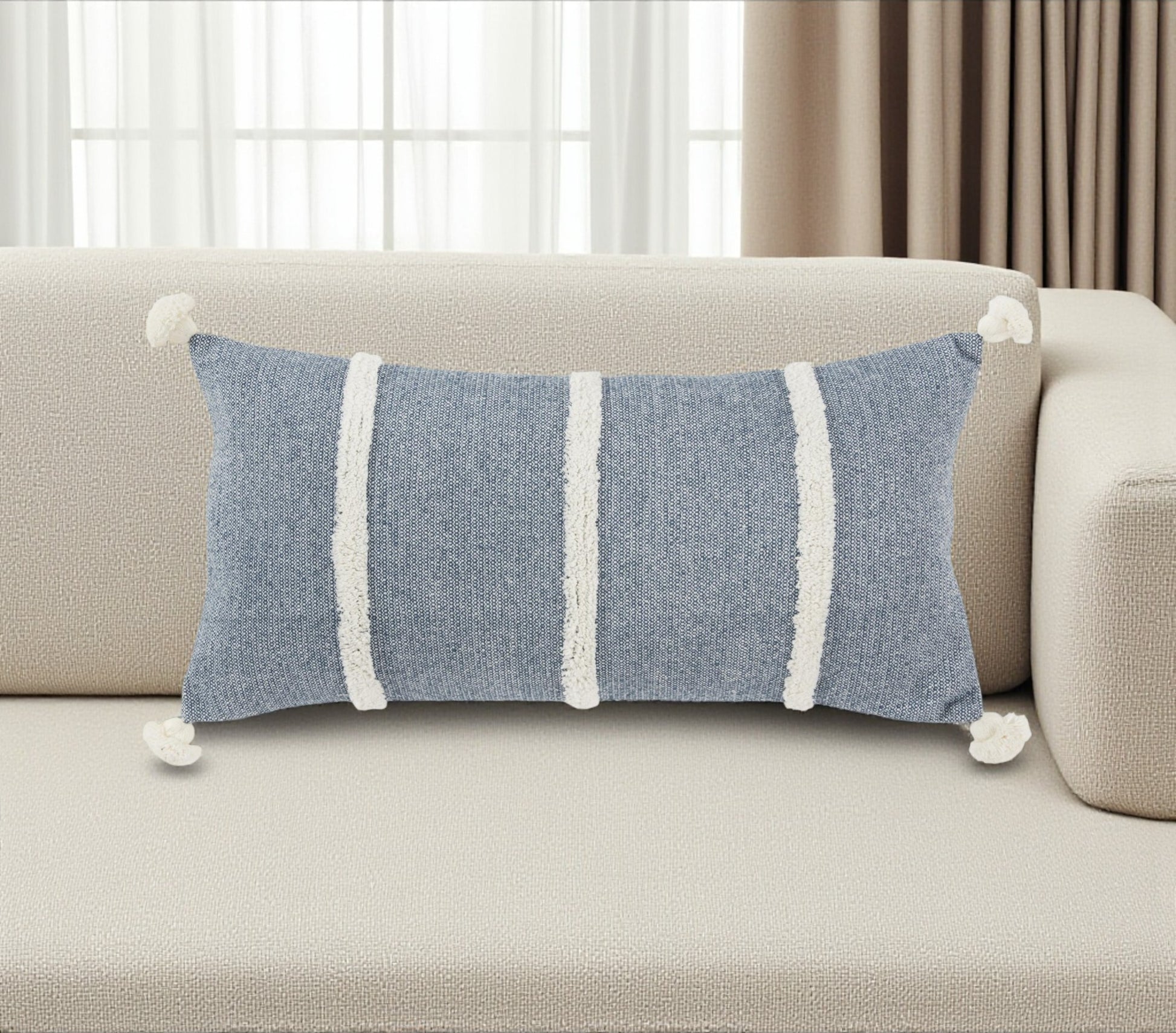 14" X 14" Blue and White Cotton Pillow With Tassels Edges-0