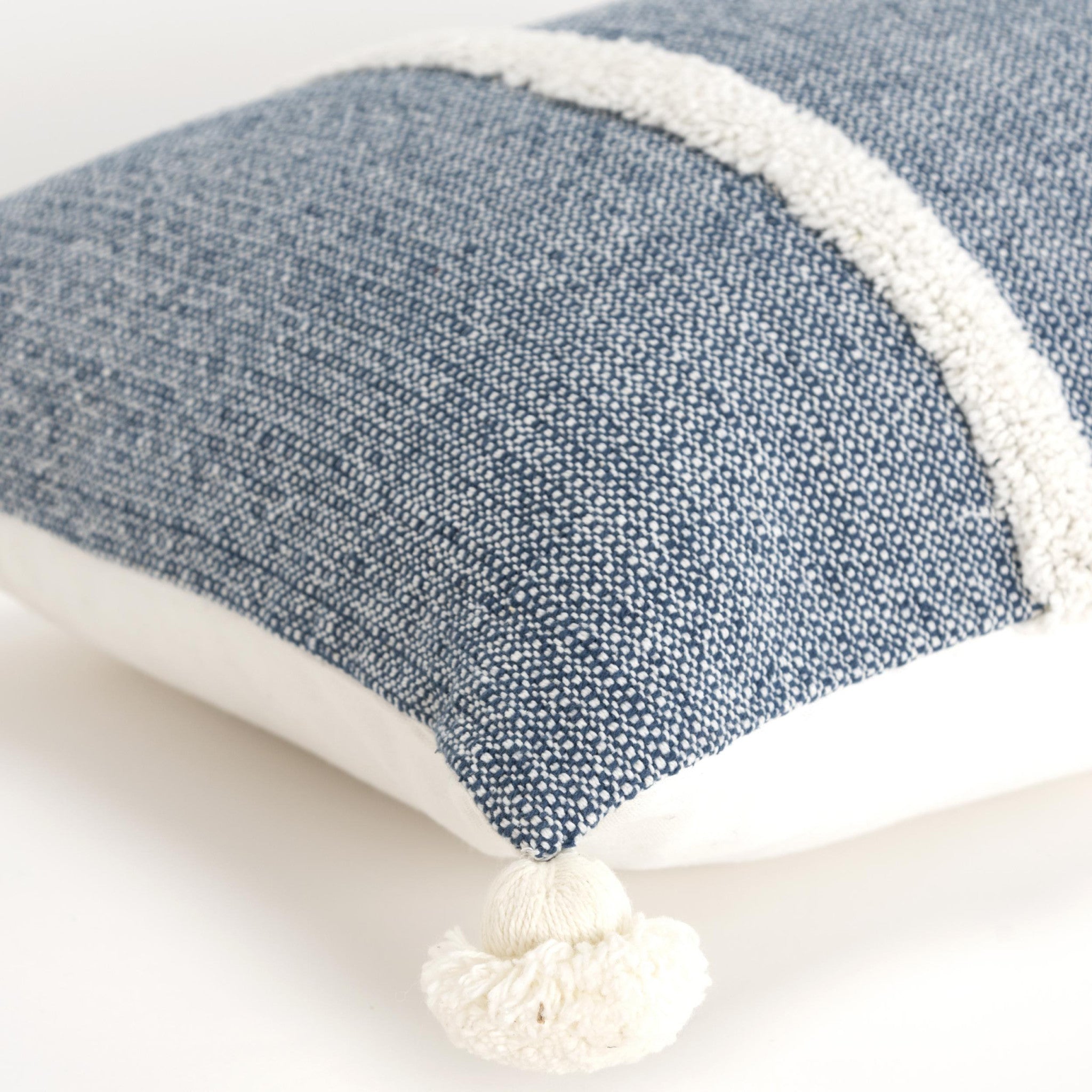 14" X 14" Blue and White Cotton Pillow With Tassels Edges-3