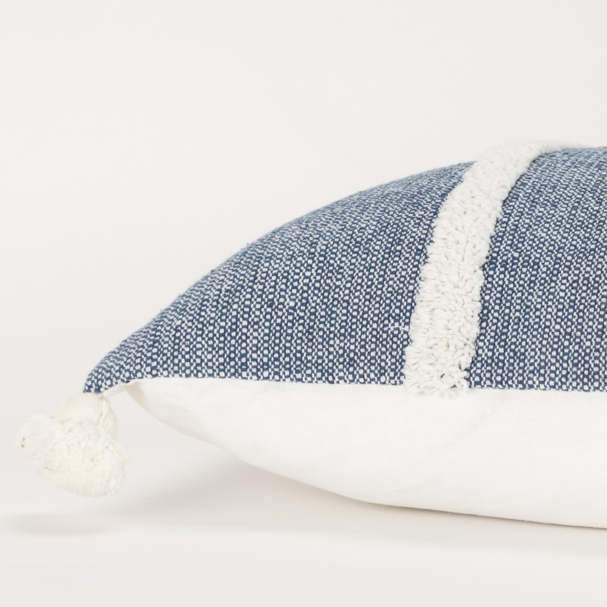 14" X 14" Blue and White Cotton Pillow With Tassels Edges-2