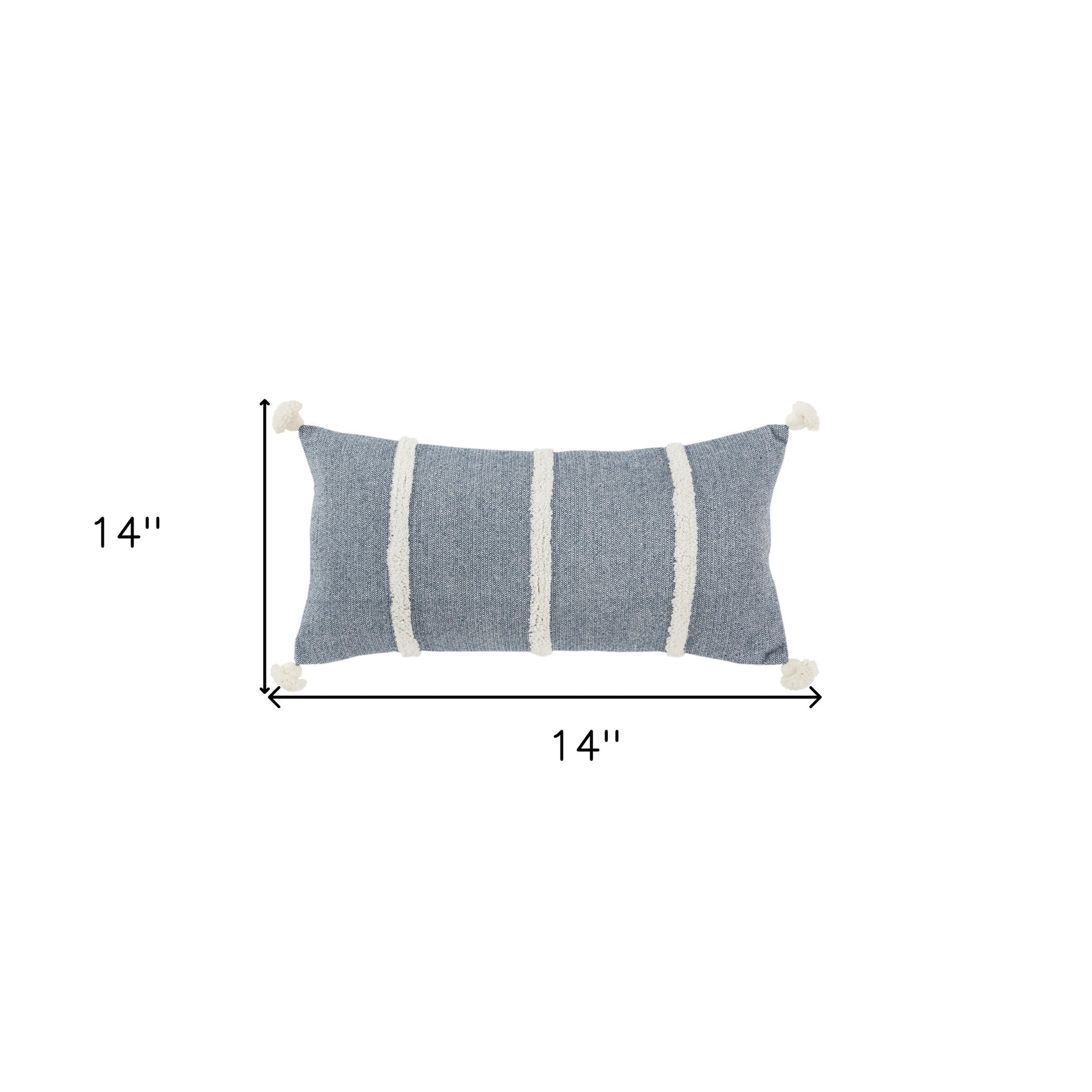 14" X 14" Blue and White Cotton Pillow With Tassels Edges-5