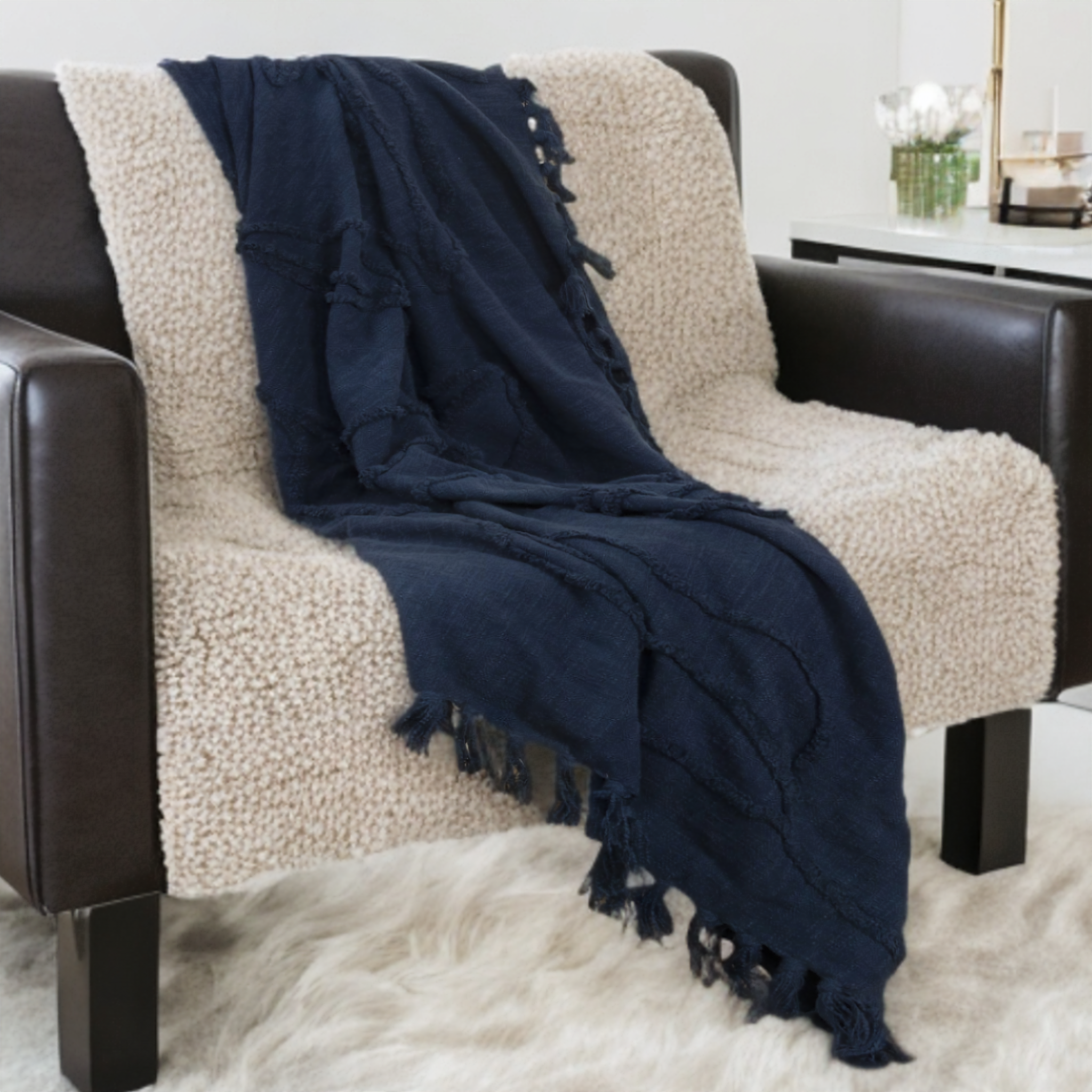 50" X 50" Blue Floral Cotton Woven Throw Blanket with Fringe-Throws & Blankets-DECOROLALA
