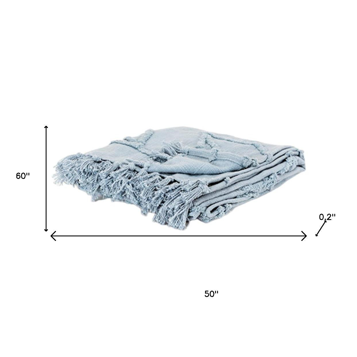 50" X 60" Light Blue Cotton Woven Throw Blanket with Tassels And Fringe-Throws & Blankets-DECOROLALA