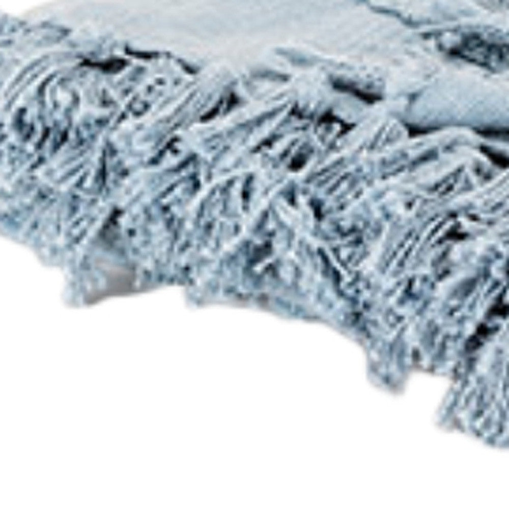 50" X 60" Light Blue Cotton Woven Throw Blanket with Tassels And Fringe-Throws & Blankets-DECOROLALA