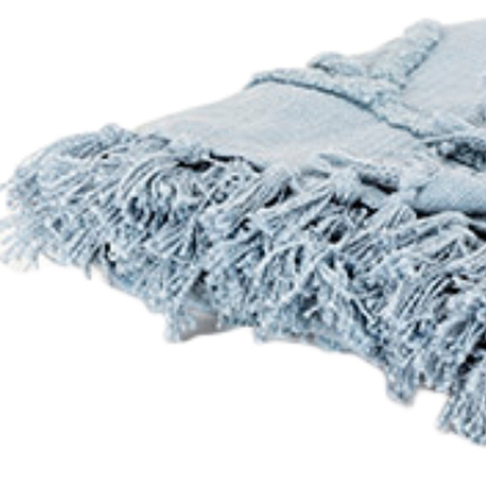 50" X 60" Light Blue Cotton Woven Throw Blanket with Tassels And Fringe-Throws & Blankets-DECOROLALA
