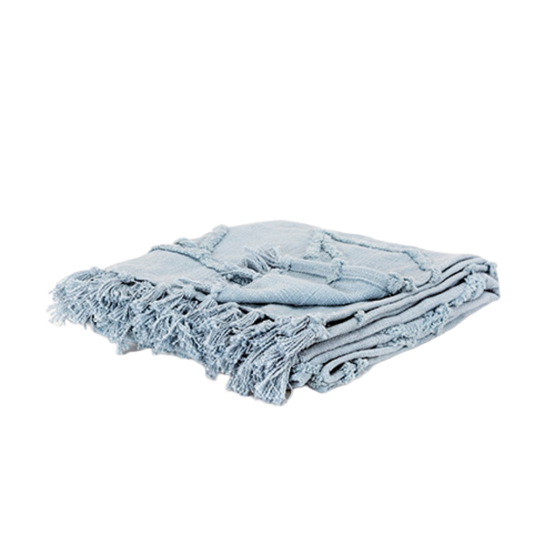 50" X 60" Light Blue Cotton Woven Throw Blanket with Tassels And Fringe-Throws & Blankets-DECOROLALA