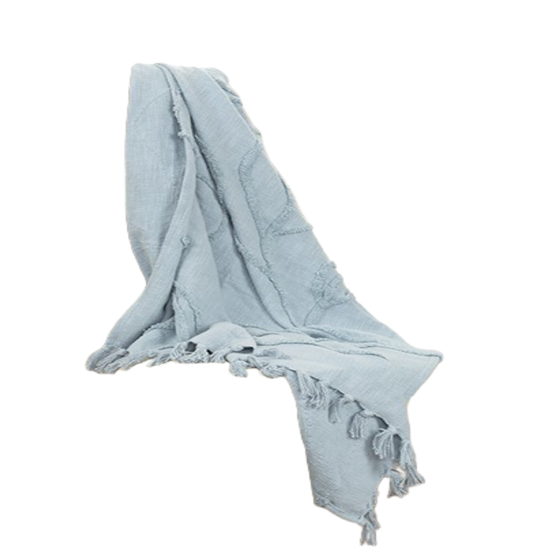 50" X 60" Light Blue Cotton Woven Throw Blanket with Tassels And Fringe-Throws & Blankets-DECOROLALA