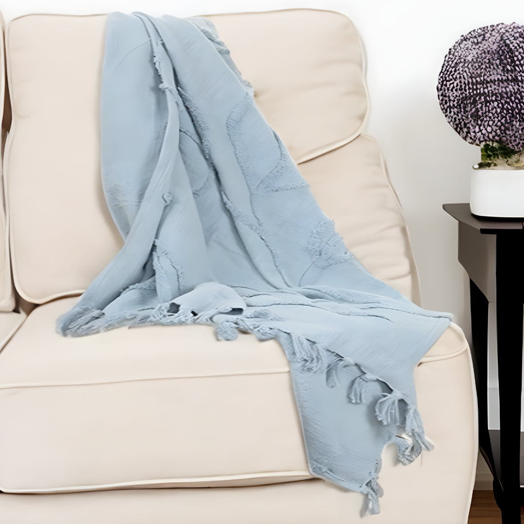 50" X 60" Light Blue Cotton Woven Throw Blanket with Tassels And Fringe-Throws & Blankets-DECOROLALA