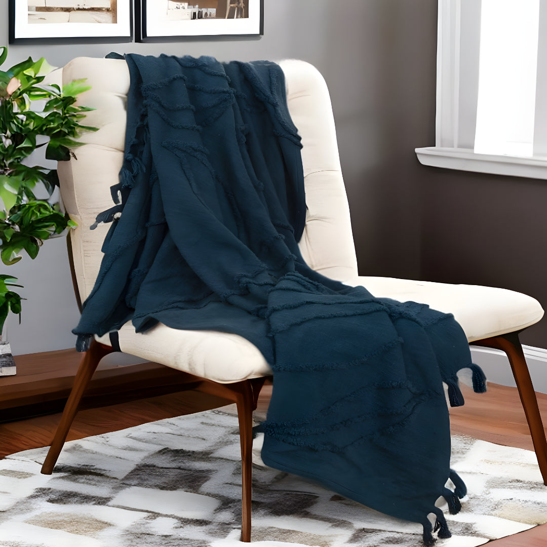 Teal Blue Woven 100% Woven Textured Cotton Throw Blanket-Throws & Blankets-DECOROLALA