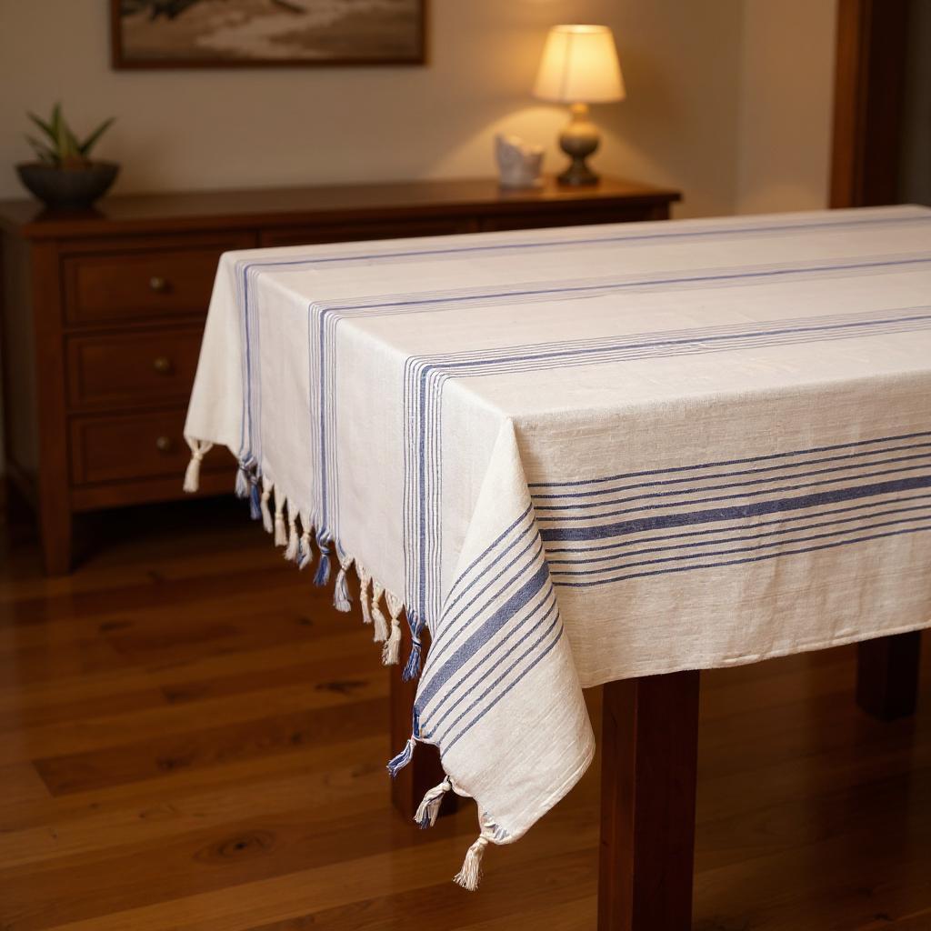 71" x 95" Cream And Blue Striped Cotton Tablecloth And Napkins Set-Dining Linens-DECOROLALA