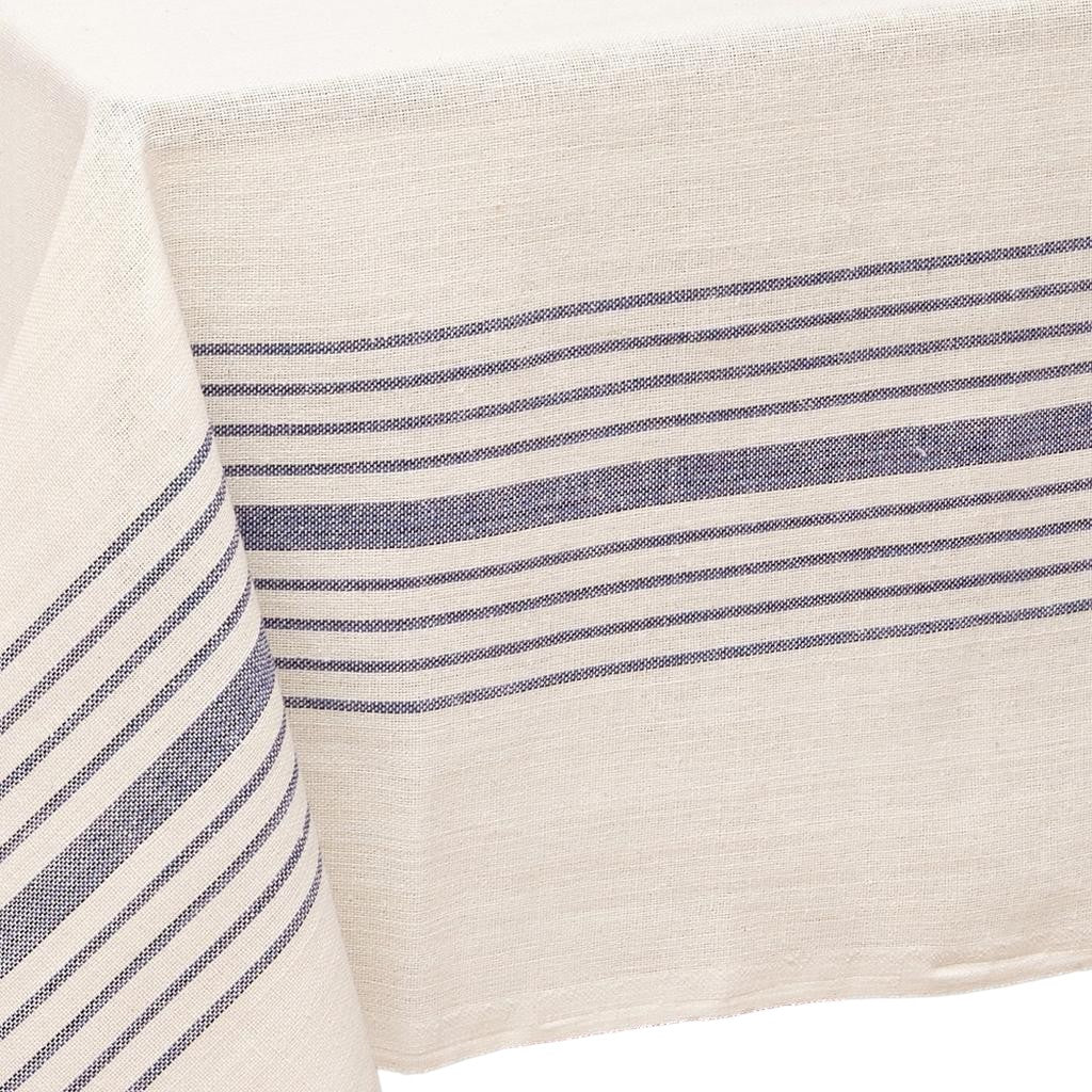 71" x 95" Cream And Blue Striped Cotton Tablecloth And Napkins Set-Dining Linens-DECOROLALA