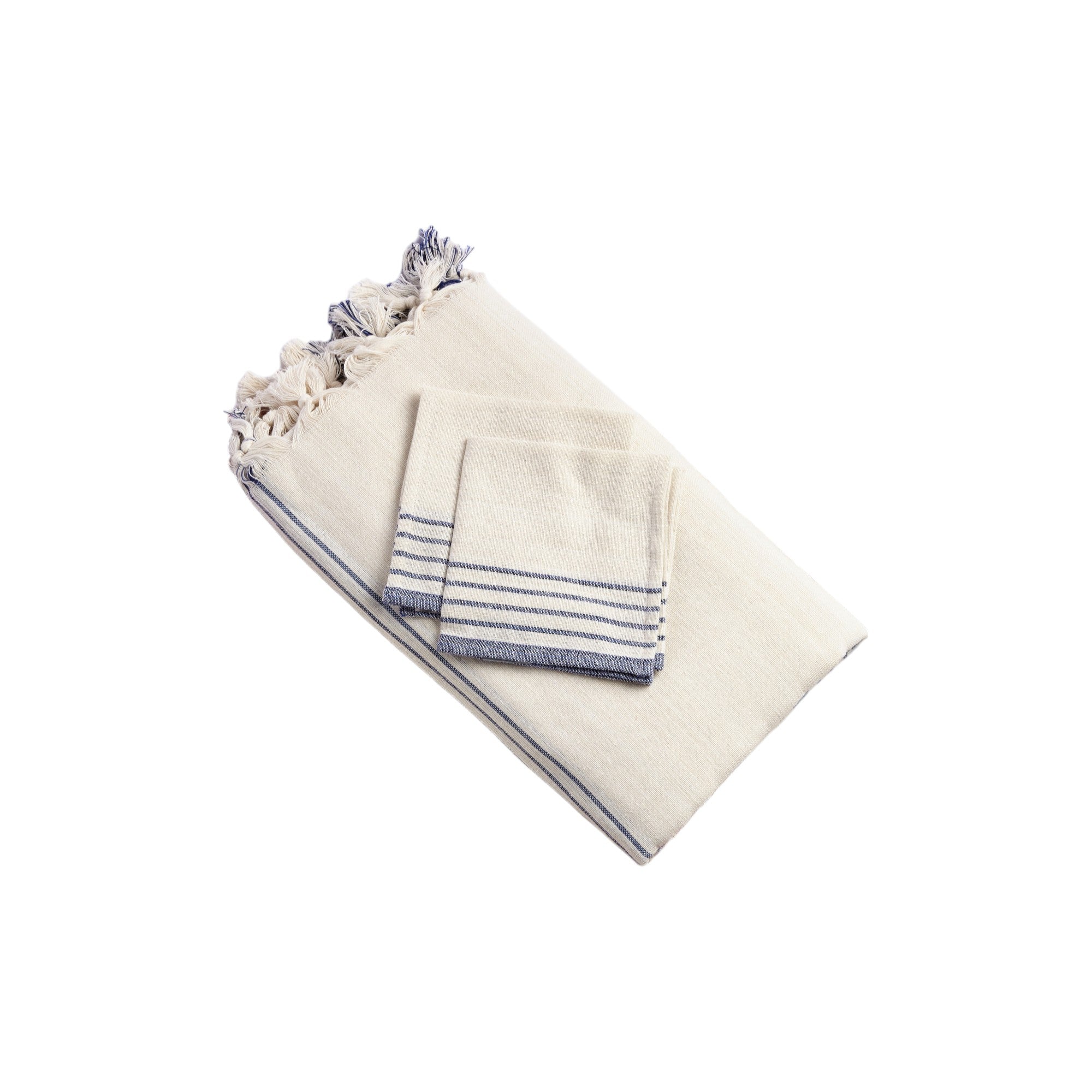 71" x 95" Cream And Blue Striped Cotton Tablecloth And Napkins Set-Dining Linens-DECOROLALA