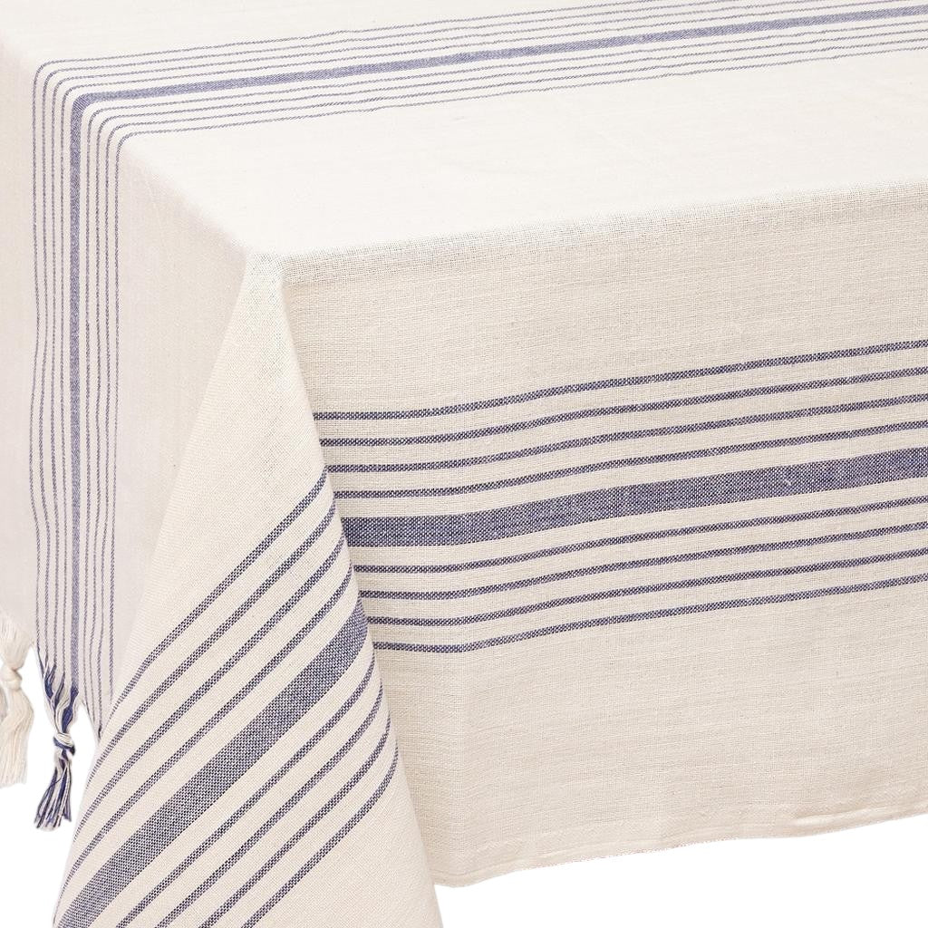 71" x 95" Cream And Blue Striped Cotton Tablecloth And Napkins Set-Dining Linens-DECOROLALA