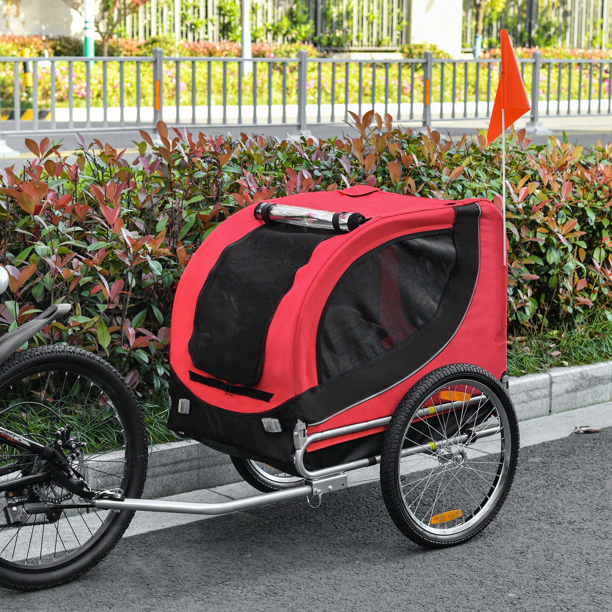 Aosom Dog Bike Trailer, Pet Cart Bicycle, Wagon Cargo Carrier Attachment with Hitch, Reflectors, Flag for Small Medium Dogs, Pet Wheelchair for Travelling, Red