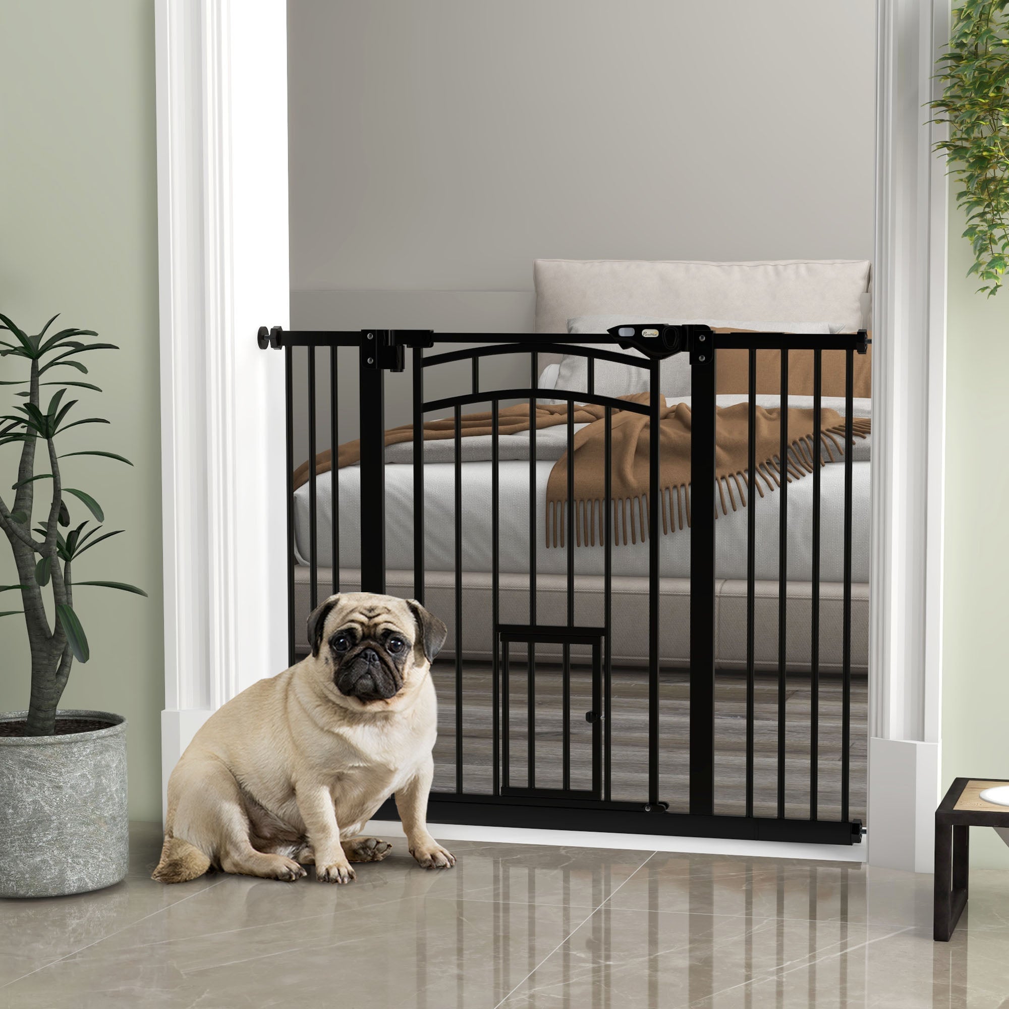 Auto-Close Pet Gate, Stair Gate with Cat Door, Double Locking for Doorways Hallways Stairs, Fits 29"-39.4" Wide, Black