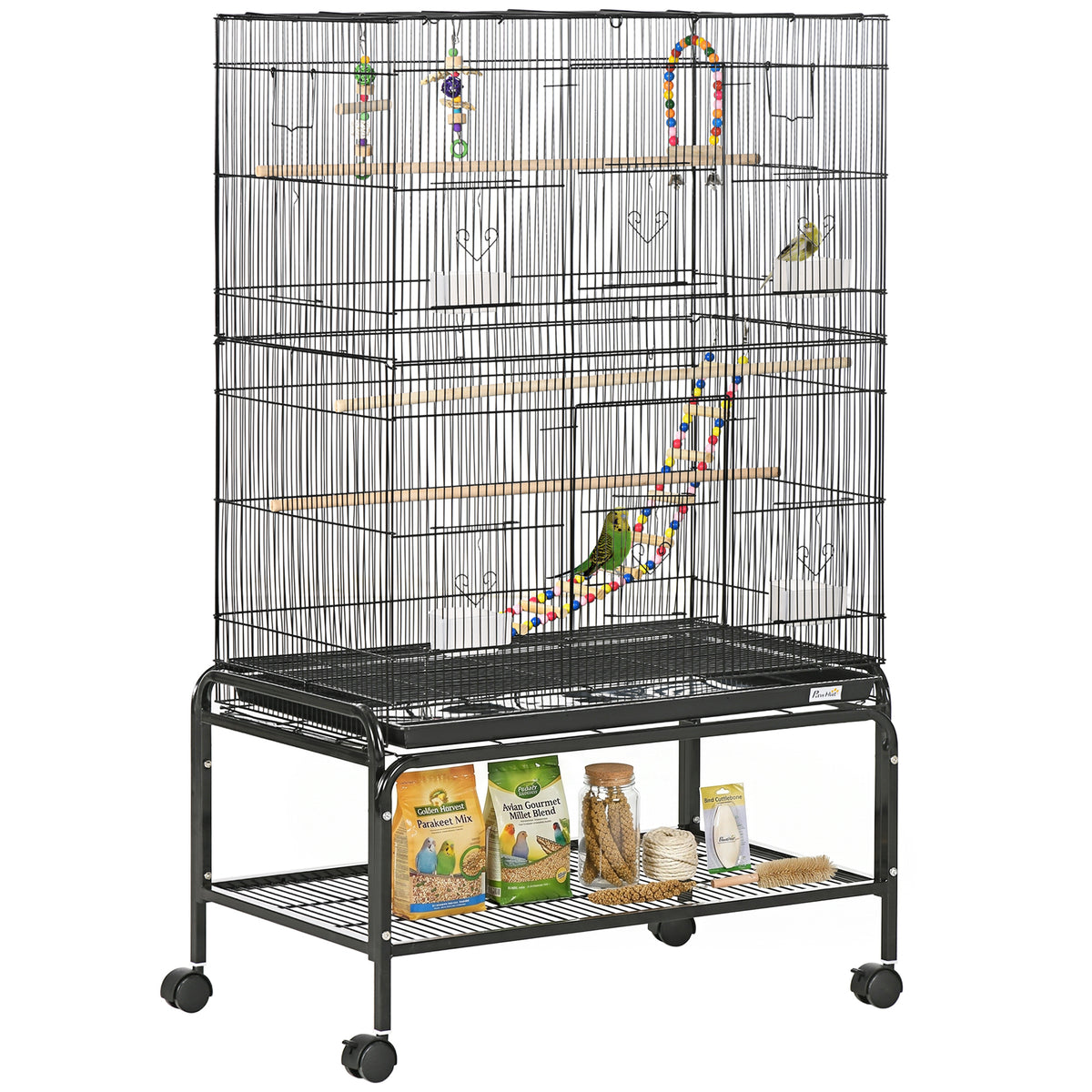 52" Bird Cage with Rolling Stand and Toys - Black Steel-Birds-DECOROLALA