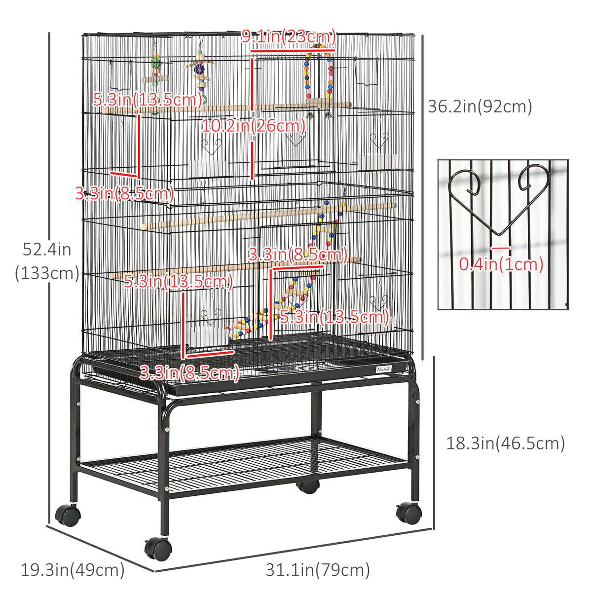 52" Bird Cage with Rolling Stand and Toys - Black Steel-Birds-DECOROLALA