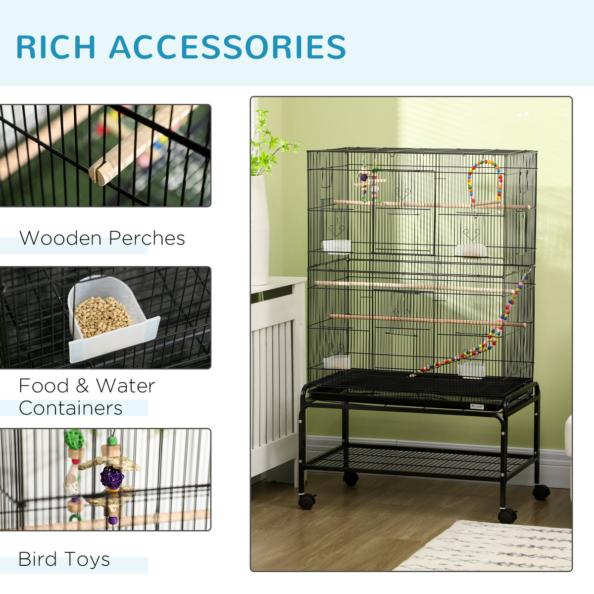 52" Bird Cage with Rolling Stand and Toys - Black Steel-Birds-DECOROLALA