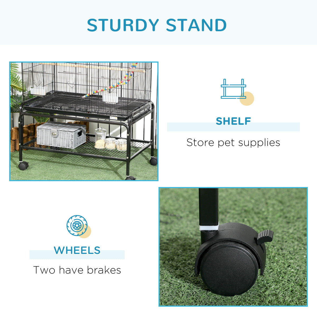 52" Bird Cage with Rolling Stand and Toys - Black Steel-Birds-DECOROLALA