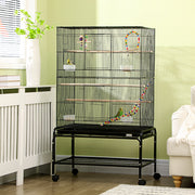 52" Bird Cage with Rolling Stand and Toys - Black Steel-Birds-DECOROLALA