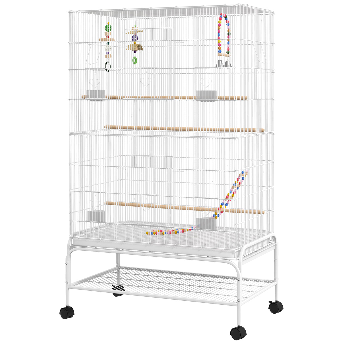 52" Bird Cage with Rolling Stand and Toys - White Steel-Birds-DECOROLALA