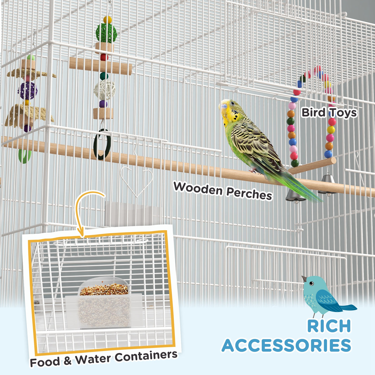 52" Bird Cage with Rolling Stand and Toys - White Steel-Birds-DECOROLALA