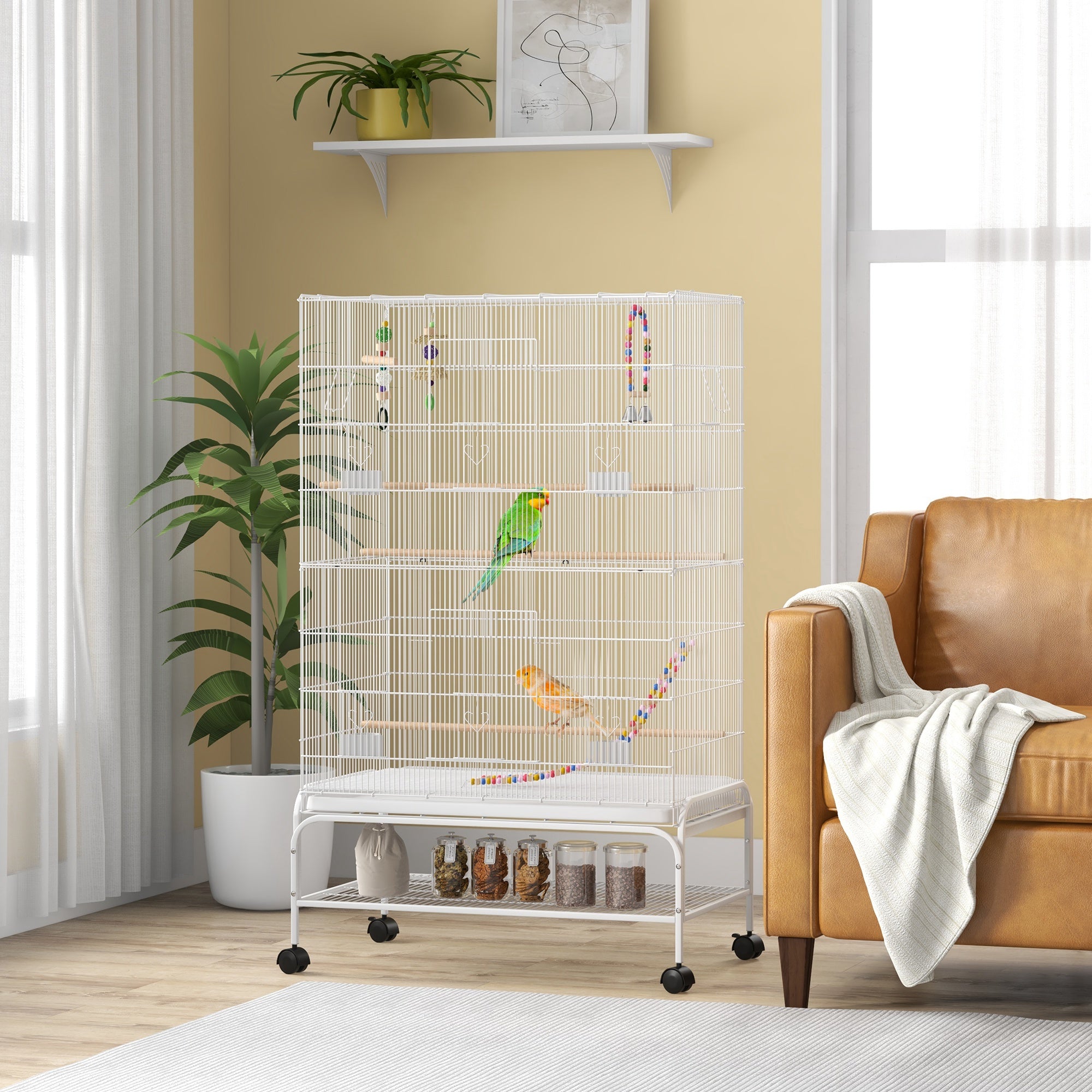 52" Bird Cage with Rolling Stand and Toys - White Steel-Birds-DECOROLALA