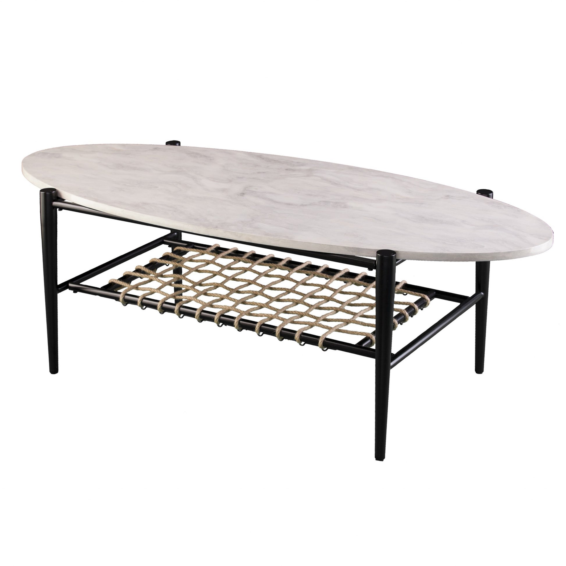 52" Black and White Metal and Faux Marble Boho Rope Oval Coffee Table-Coffee Tables-DECOROLALA