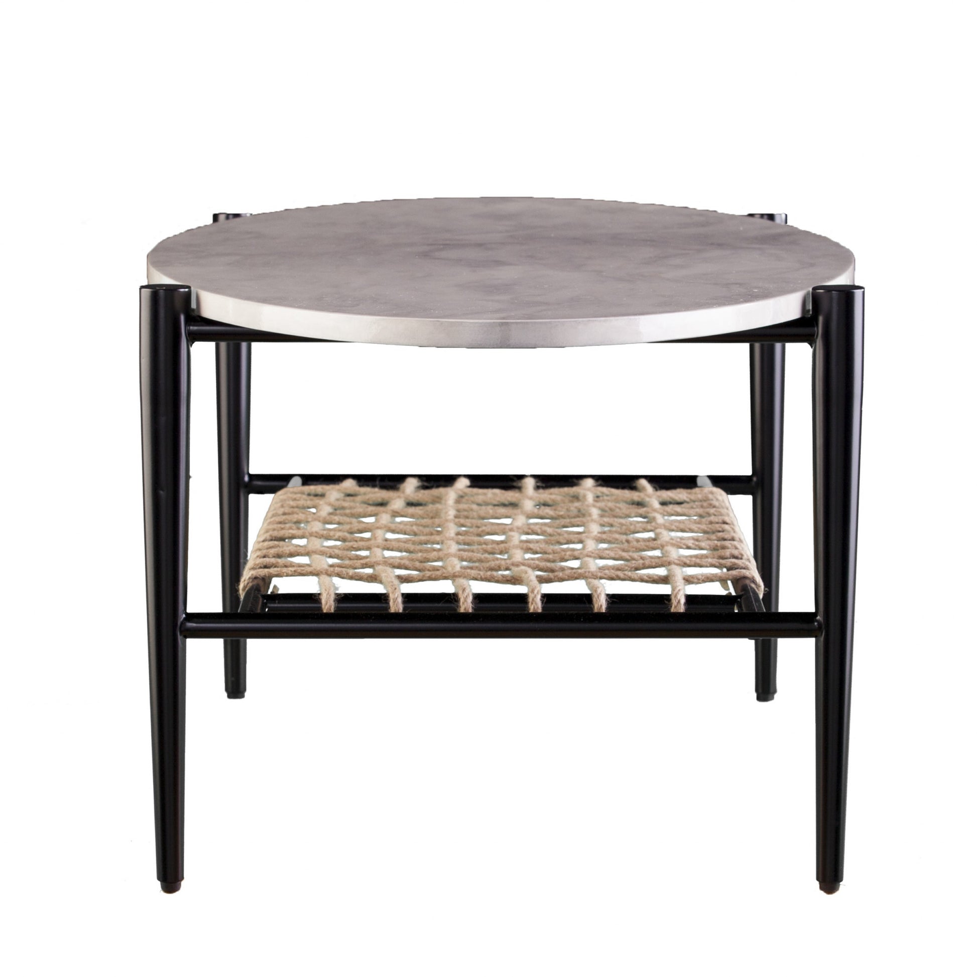 52" Black and White Metal and Faux Marble Boho Rope Oval Coffee Table-Coffee Tables-DECOROLALA