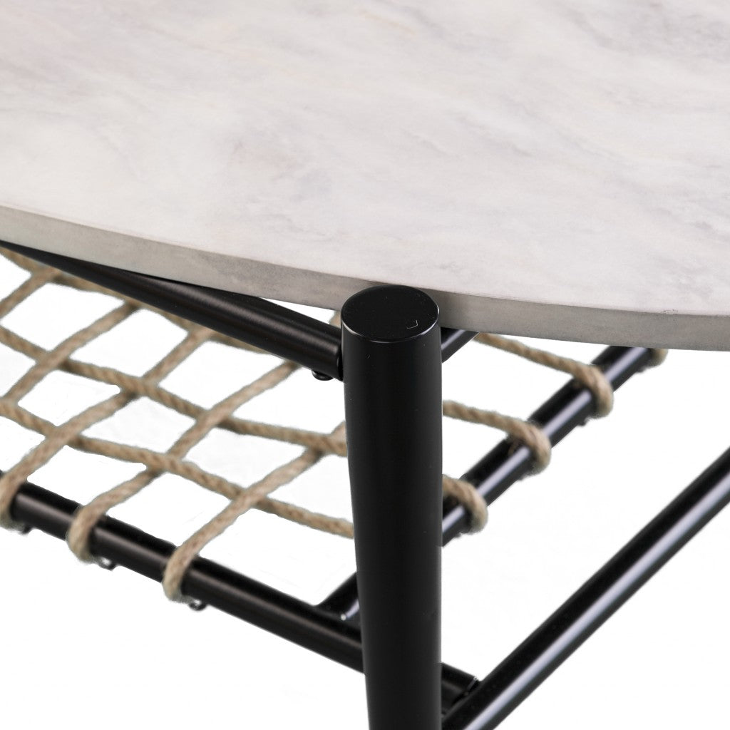 52" Black and White Metal and Faux Marble Boho Rope Oval Coffee Table-Coffee Tables-DECOROLALA