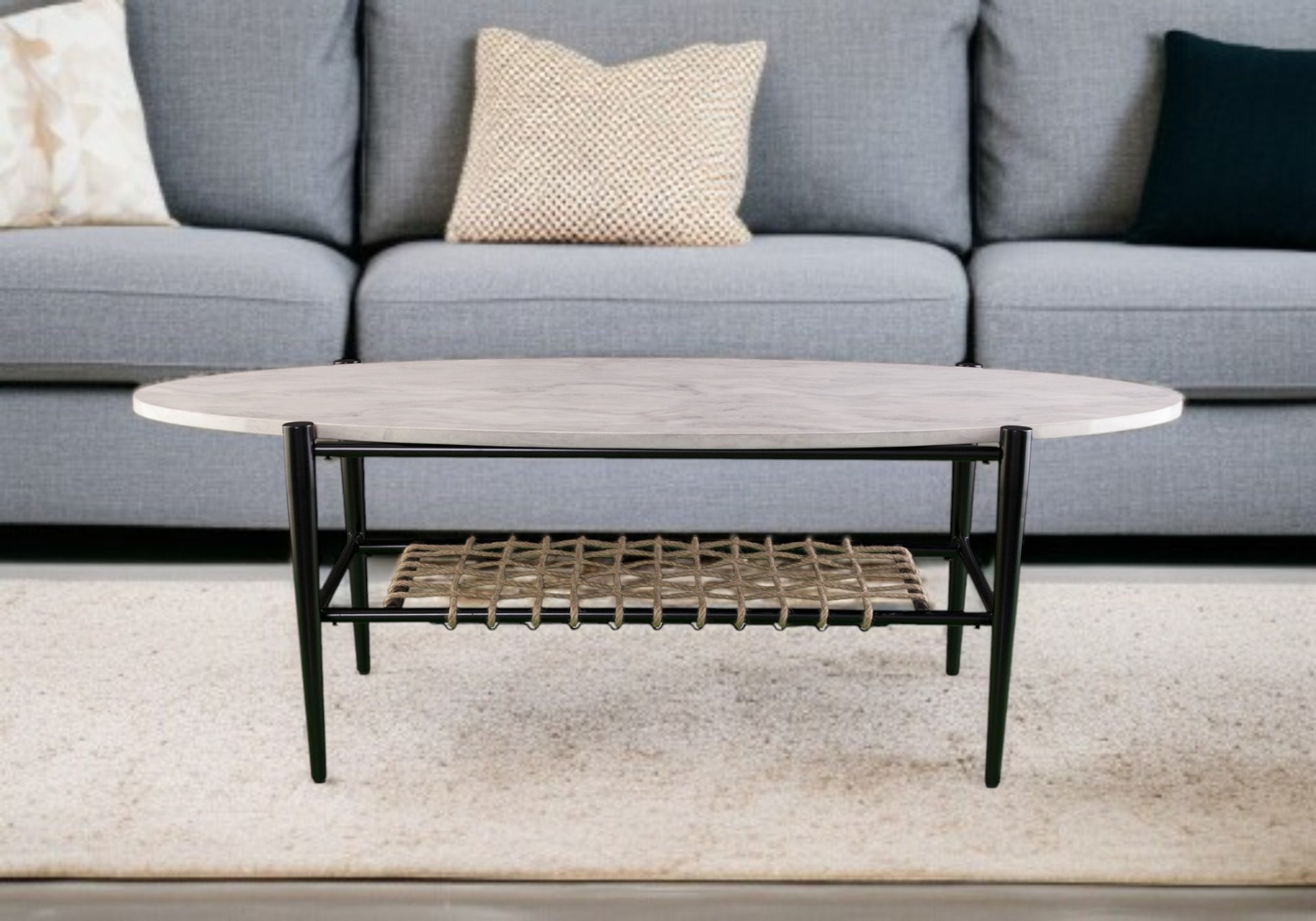 52" Black and White Metal and Faux Marble Boho Rope Oval Coffee Table-Coffee Tables-DECOROLALA