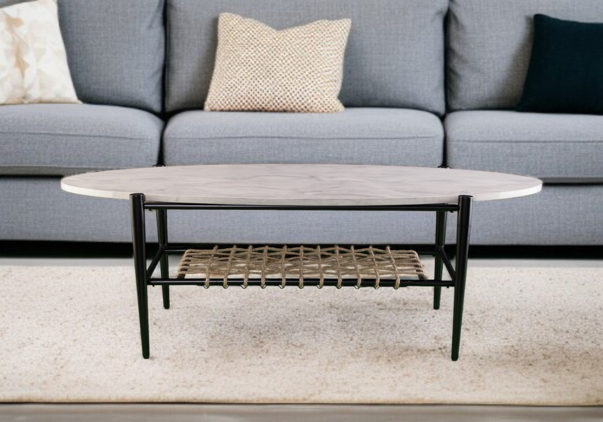 52" Black and White Metal and Faux Marble Boho Rope Oval Coffee Table-Coffee Tables-DECOROLALA