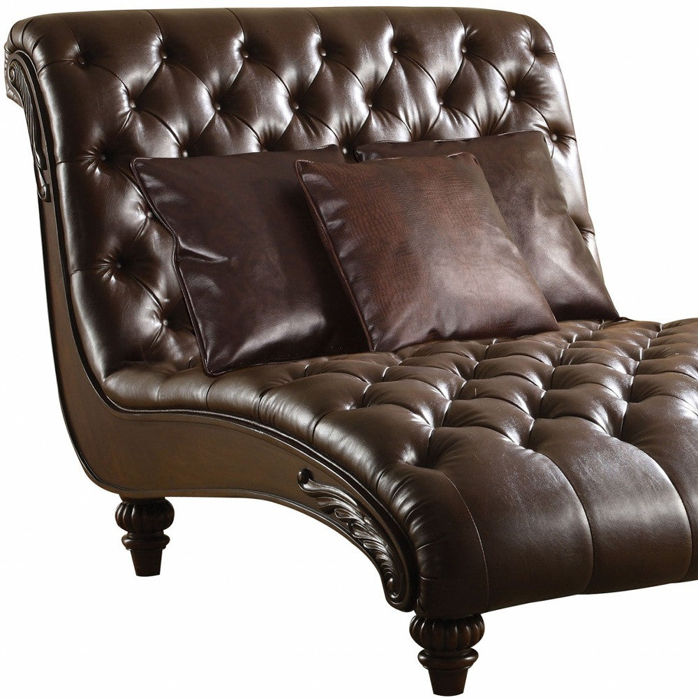 52" Brown Faux Leather Tufted Lounge Chair And Toss Pillows-Accent Chairs-DECOROLALA