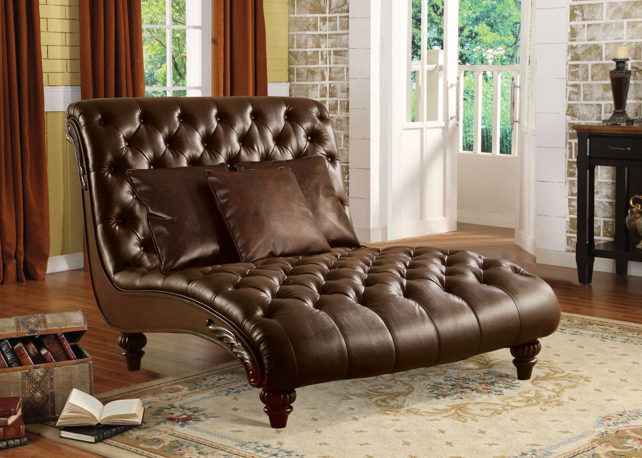 52" Brown Faux Leather Tufted Lounge Chair And Toss Pillows-Accent Chairs-DECOROLALA