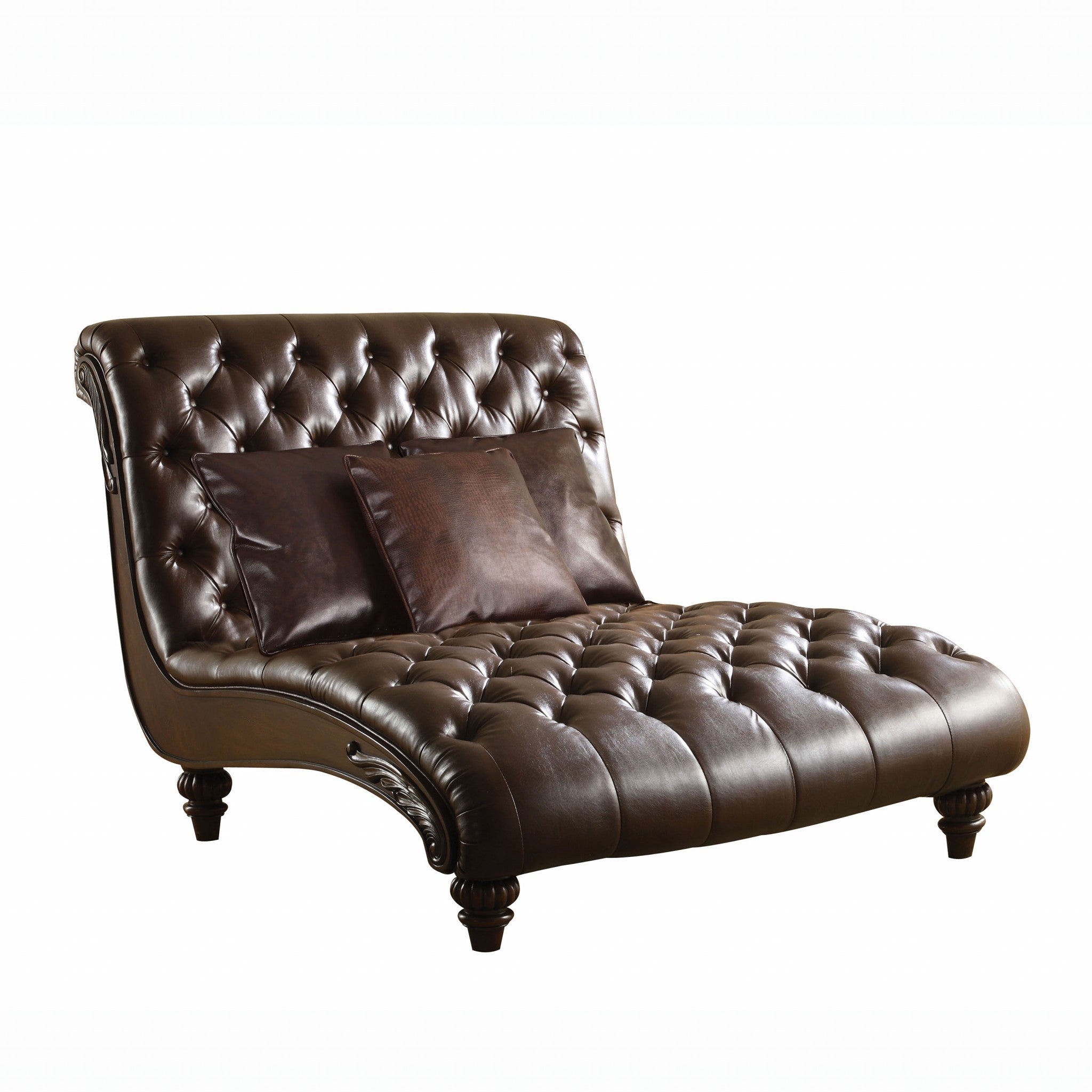 52" Brown Faux Leather Tufted Lounge Chair And Toss Pillows-Accent Chairs-DECOROLALA