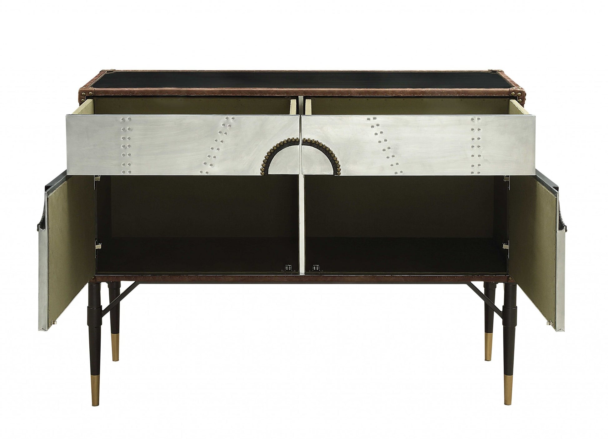 52" Brown Silver and Black Leather And Aluminum Console Table With Two Drawers-Console Tables-DECOROLALA