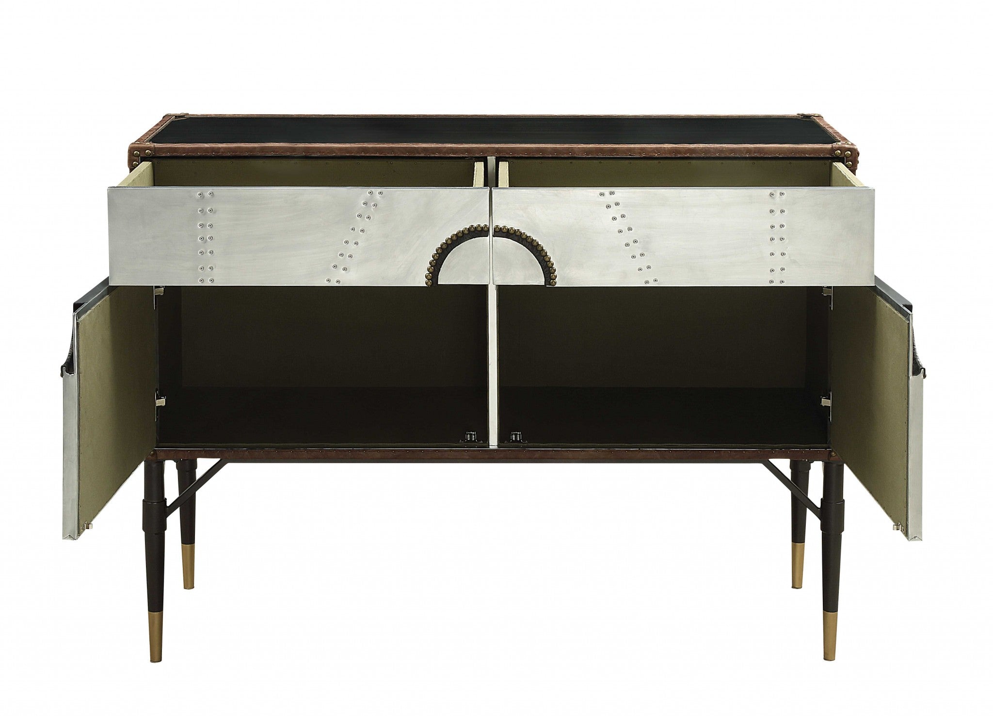 52" Brown Silver and Black Leather And Aluminum Console Table With Two Drawers-Console Tables-DECOROLALA