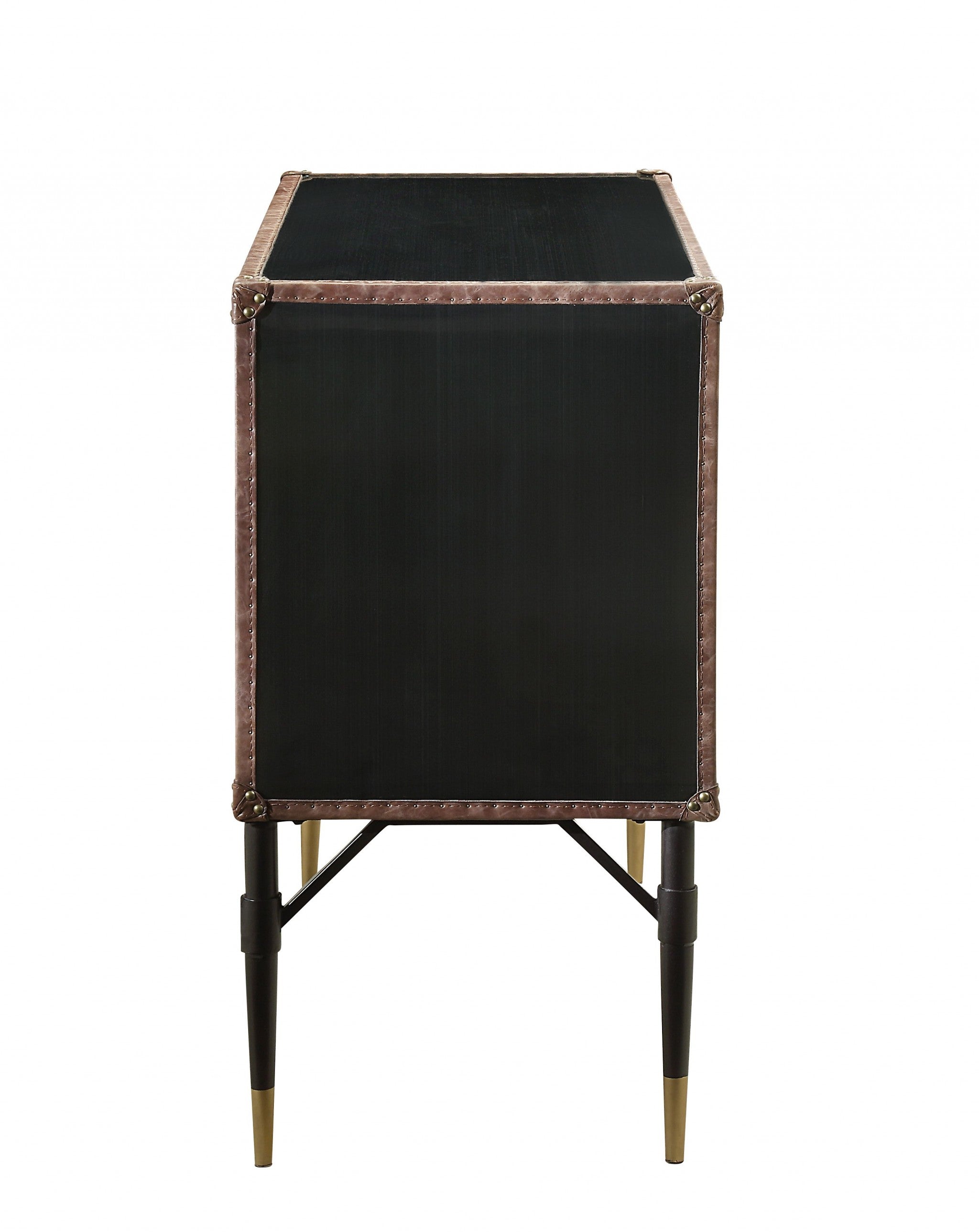 52" Brown Silver and Black Leather And Aluminum Console Table With Two Drawers-Console Tables-DECOROLALA