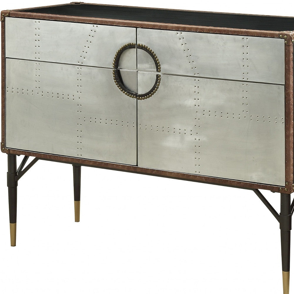 52" Brown Silver and Black Leather And Aluminum Console Table With Two Drawers-Console Tables-DECOROLALA