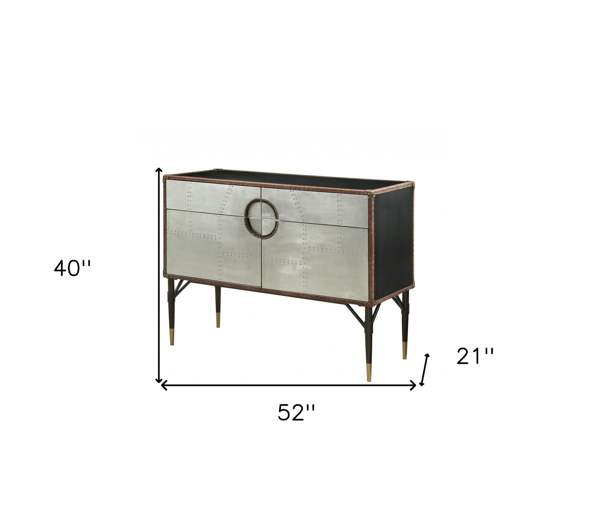 52" Brown Silver and Black Leather And Aluminum Console Table With Two Drawers-Console Tables-DECOROLALA