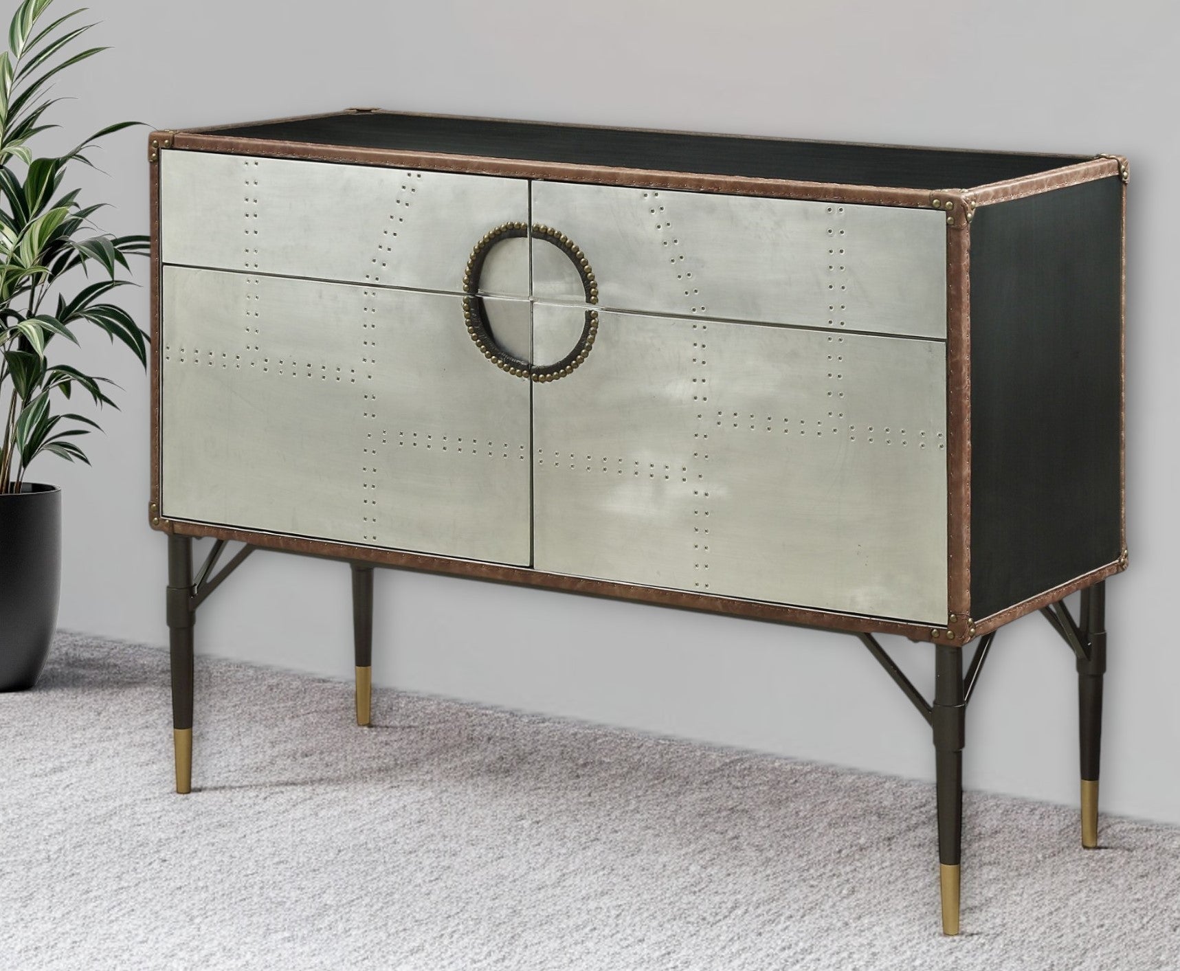 52" Brown Silver and Black Leather And Aluminum Console Table With Two Drawers-Console Tables-DECOROLALA