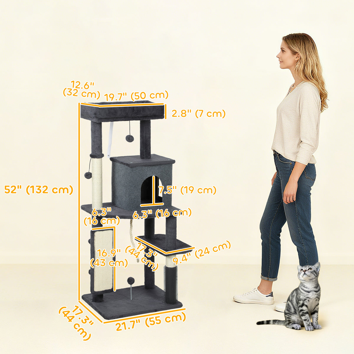 52" Cat Tree with Condo, Bed, and Grooming Brush - Dark Grey-Cats-DECOROLALA