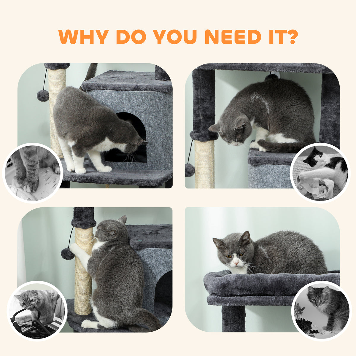 52" Cat Tree with Condo, Bed, and Grooming Brush - Dark Grey-Cats-DECOROLALA