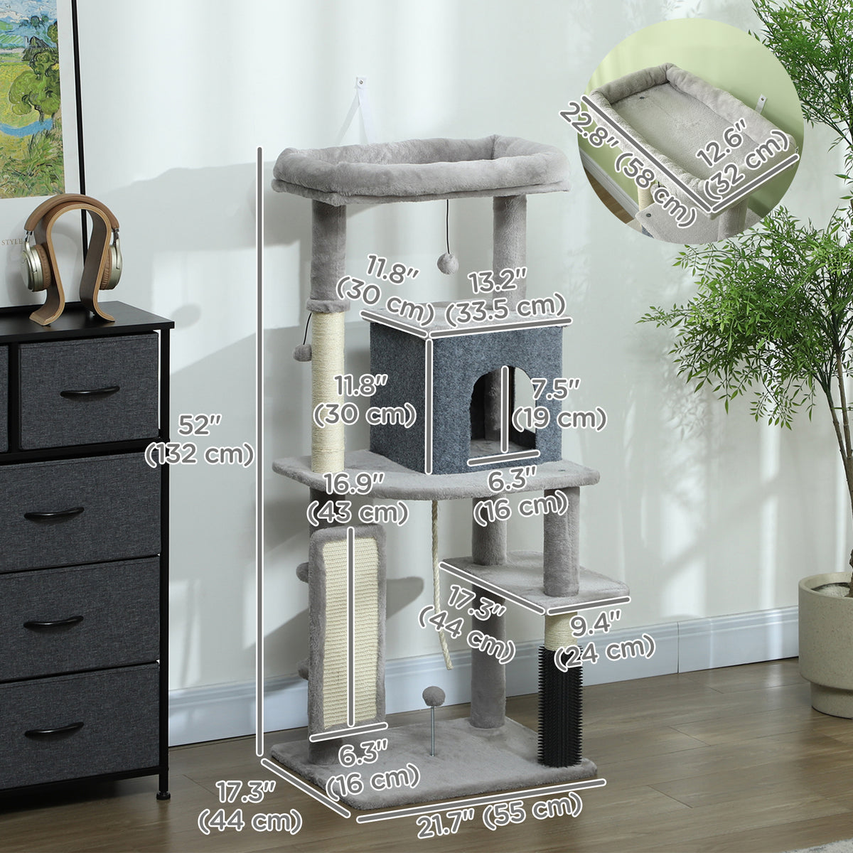52" Cat Tree with Condo, Bed, and Grooming Brush - Light Grey-Cats-DECOROLALA